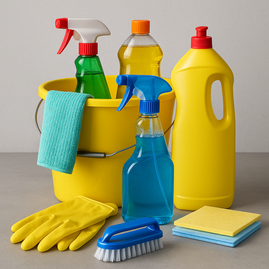 Professional janitorial cleaning supplies including spray bottles, gloves, brushes, and cleaning solutions